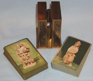 Unique ART DECO Hand Painted Sailboat Brass Double Deck Card / Pencil Holder - Metalware