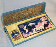 MEMORY OF JAPAN & KOREA Enamel Painted Chrome Cigarette Case and Lighter Set in Original Box - Tobacciana