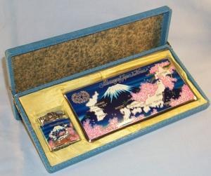 MEMORY OF JAPAN & KOREA Enamel Painted Chrome Cigarette Case and Lighter Set in Original Box - Tobacciana