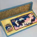 MEMORY OF JAPAN & KOREA Enamel Painted Chrome Cigarette Case and Lighter Set in Original Box - Tobacciana