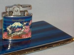 MEMORY OF JAPAN & KOREA Enamel Painted Chrome Cigarette Case and Lighter Set in Original Box - Tobacciana