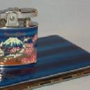 MEMORY OF JAPAN & KOREA Enamel Painted Chrome Cigarette Case and Lighter Set in Original Box - Tobacciana