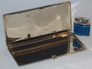 MEMORY OF JAPAN & KOREA Enamel Painted Chrome Cigarette Case and Lighter Set in Original Box - Tobacciana