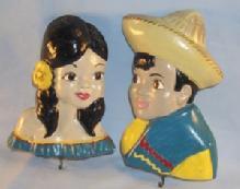Matched Pair Mexican Boy and Girl Chalkware Holders for Pot Holders - Ethnographic
