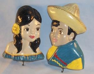 Matched Pair Mexican Boy and Girl Chalkware Holders for Pot Holders - Ethnographic