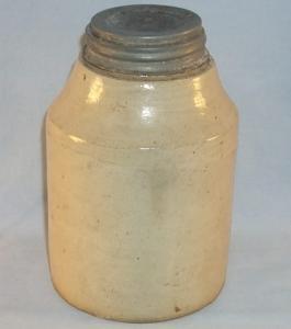 Early Crockery Canning Jar with Milk Glass Lined Lid