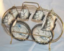6 DRAGONWARE Demitasse Porcelain Cups and Saucers in Metal Storage Rack
