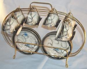 6 DRAGONWARE Demitasse Porcelain Cups and Saucers in Metal Storage Rack
