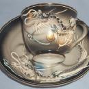 6 DRAGONWARE Demitasse Porcelain Cups and Saucers in Metal Storage Rack