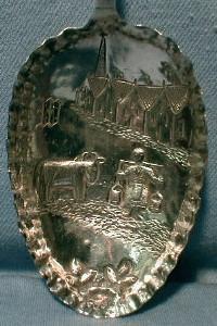 vintage CURD SPOON - Embossed Cow, Girl with Buckets in Village Scene - Antique Cupid Handle Sterling Silver