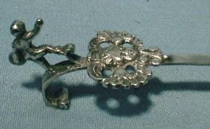 vintage CURD SPOON - Embossed Cow, Girl with Buckets in Village Scene - Antique Cupid Handle Sterling Silver