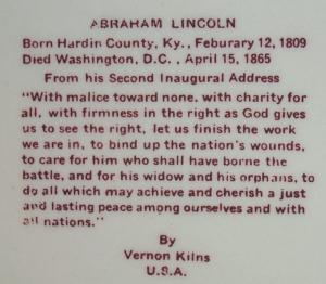 Vernon Kilns ABRAHAM LINCOLN 16th President Porcelain Comemorative Plate