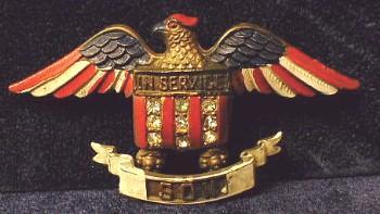 US Army WWI Military IN SERVICE SON -WWI Enameled Casein Catalin or Bakelite - American Flag Figural Eagle Estate Jewelry