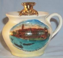 German Made Souvenir Porcelain Advertising Pot with Golden Bear CASINO FROM CANAL, BELLE ISLE PARK, DETROIT, MICH.