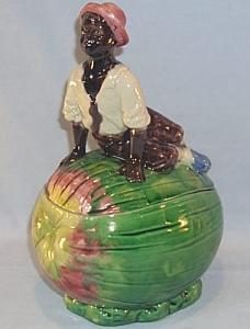 Colorful Black Boy on Watermelon MAJOLICA Container with Lid - Ethnographic