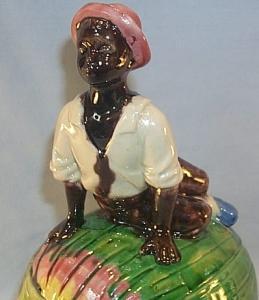 Colorful Black Boy on Watermelon MAJOLICA Container with Lid - Ethnographic