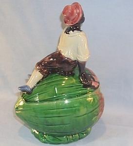 Colorful Black Boy on Watermelon MAJOLICA Container with Lid - Ethnographic