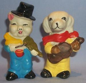 Hand Painted DOG AND PIG MUSICIANS Bisque Porcelain Figurines