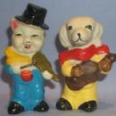 Hand Painted DOG AND PIG MUSICIANS Bisque Porcelain Figurines