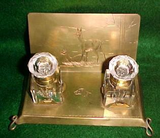 Deer & Dog Cut Glass with Brass Inkwell - Metalware