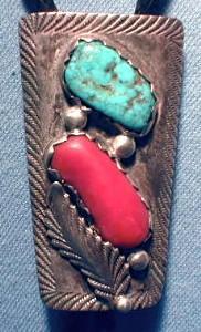 Red Coral Turquoise Silver BOLO TIE Native