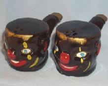 Black Clown Face on Pipe Shaped Porcelain Salt and Pepper Shakers - Ethnographic