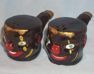 Black Clown Face on Pipe Shaped Porcelain Salt and Pepper Shakers - Ethnographic