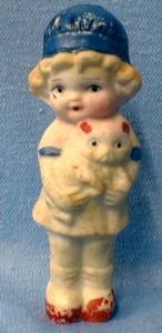 Bisque Doll Figure Girl Child with Teddy Bear Dollhouse - Japan Porcelain Toy