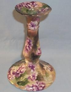 Porcelain LIMOGES Purple Flower Pedestal Candlestick.