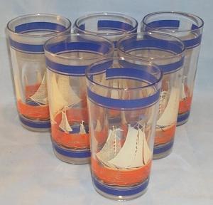 Six SAILBOAT Pattern Glass Tumblers