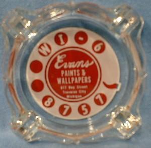 EVANS Paints & Wallpaper - Advertising for Traverse City Michigan - Cigarette Ashtray - Glass Souvenir Tobacciana
