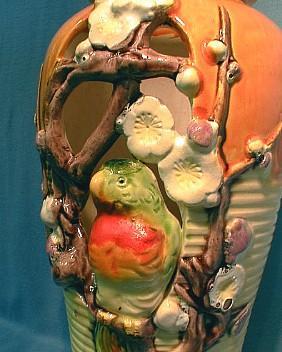 Parrot Vase - Japan Pierced Body Art Pottery - Colorful PARROT in Flowers - Oriental Pottery