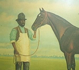Print of Kentucky Racehorse with Black Groom in Glassed Frame - Ethnographic