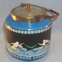 English MAJOLICA Sea Scene Covered Biscuit Jar - Porcelain