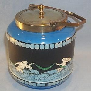 English MAJOLICA Sea Scene Covered Biscuit Jar - Porcelain