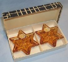 Two Czech Bohemia Amber Glass Star Shaped Candle Holders in Box