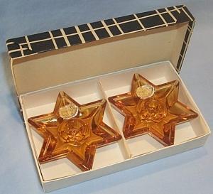 Two Czech Bohemia Amber Glass Star Shaped Candle Holders in Box