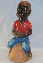 BLACK BOY SITTING ON STUMP FISHING Concrete Figurine - Ethnographic