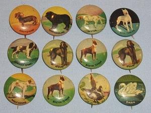 Twelve Dog and Bird Metal Pin Back Buttons - Metalware