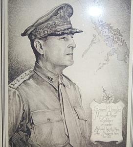 Etching Print of GENERAL DOUGLAS MACARTHUR in Bamboo Frame - Military
