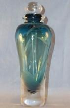 Signed Blue/Clear Base Art Glass Perfume Bottle With Etched And Frosted Bud Design