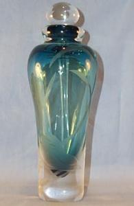 Signed Blue/Clear Base Art Glass Perfume Bottle With Etched And Frosted Bud Design