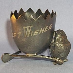 Victorian Metal EGG Matchholder with BIRD PERCHED ON WISHBONE Striker - Tobacciana