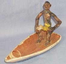 Ethnographic CARIBBEAN NATIVE IN BOAT Glazed Pottery Figurine