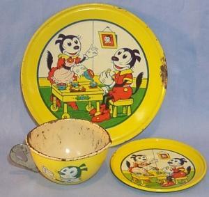 CHEIN Child's Tin Litho Cup, Saucer, and Plate Set - Toys