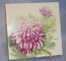 Signed Hand Painted Pink Peony Decorated Pottery Tile