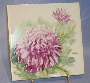 Signed Hand Painted Pink Peony Decorated Pottery Tile