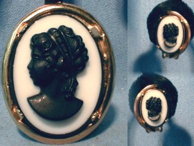 Jewelry Black White CAMEO Brooch & Clip Earrings - JEwelry