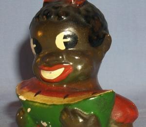 Ethnographic Chalkware Black Boy and Girl Eating Watermelon Salt and Pepper Set.