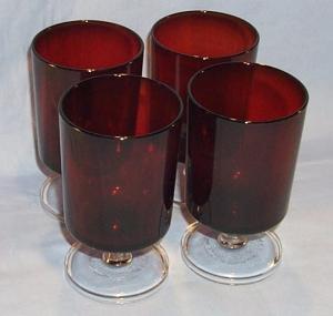 Four Ruby Red Glasses With Clear Stems